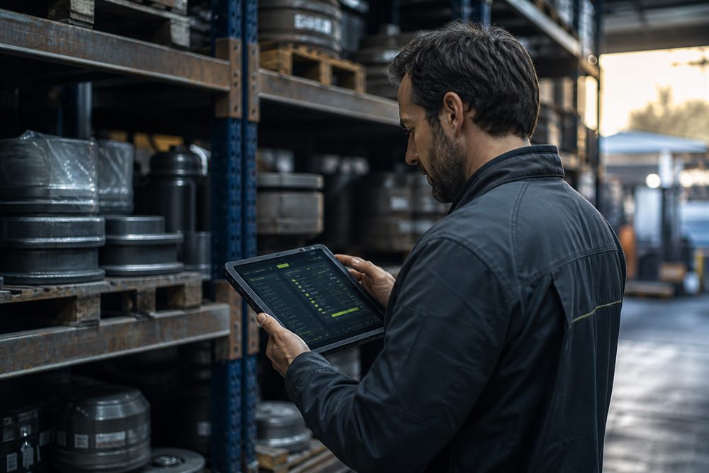 Warehouse manager checking a trade order interface on a rugged tablet