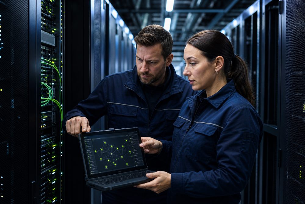 Infrastructure engineers reviewing a monitoring interface in a server aisle