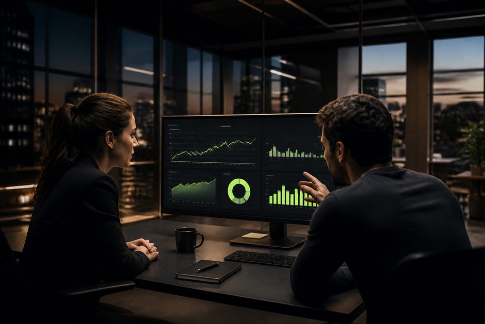 Product team reviewing a subscription analytics dashboard in an evening office